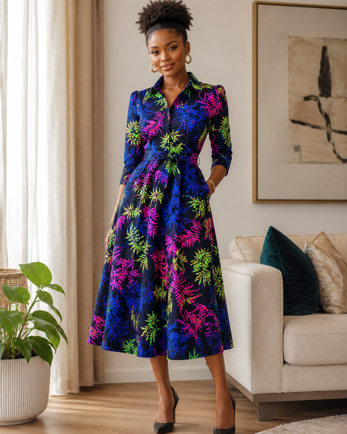 Woman wearing a colorful floral dress in a living room setting