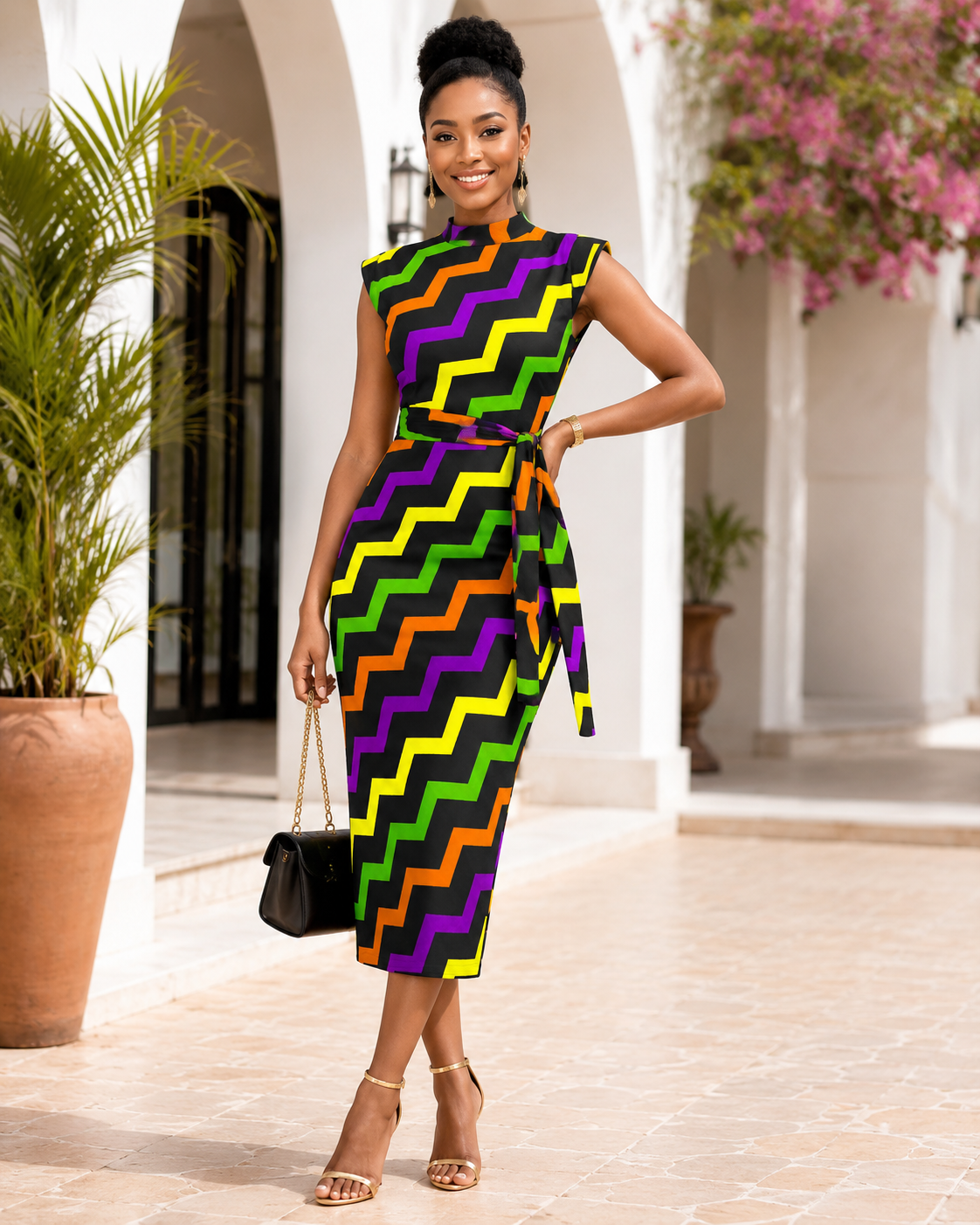 Woman wearing a colorful zigzag dress standing outdoors.
