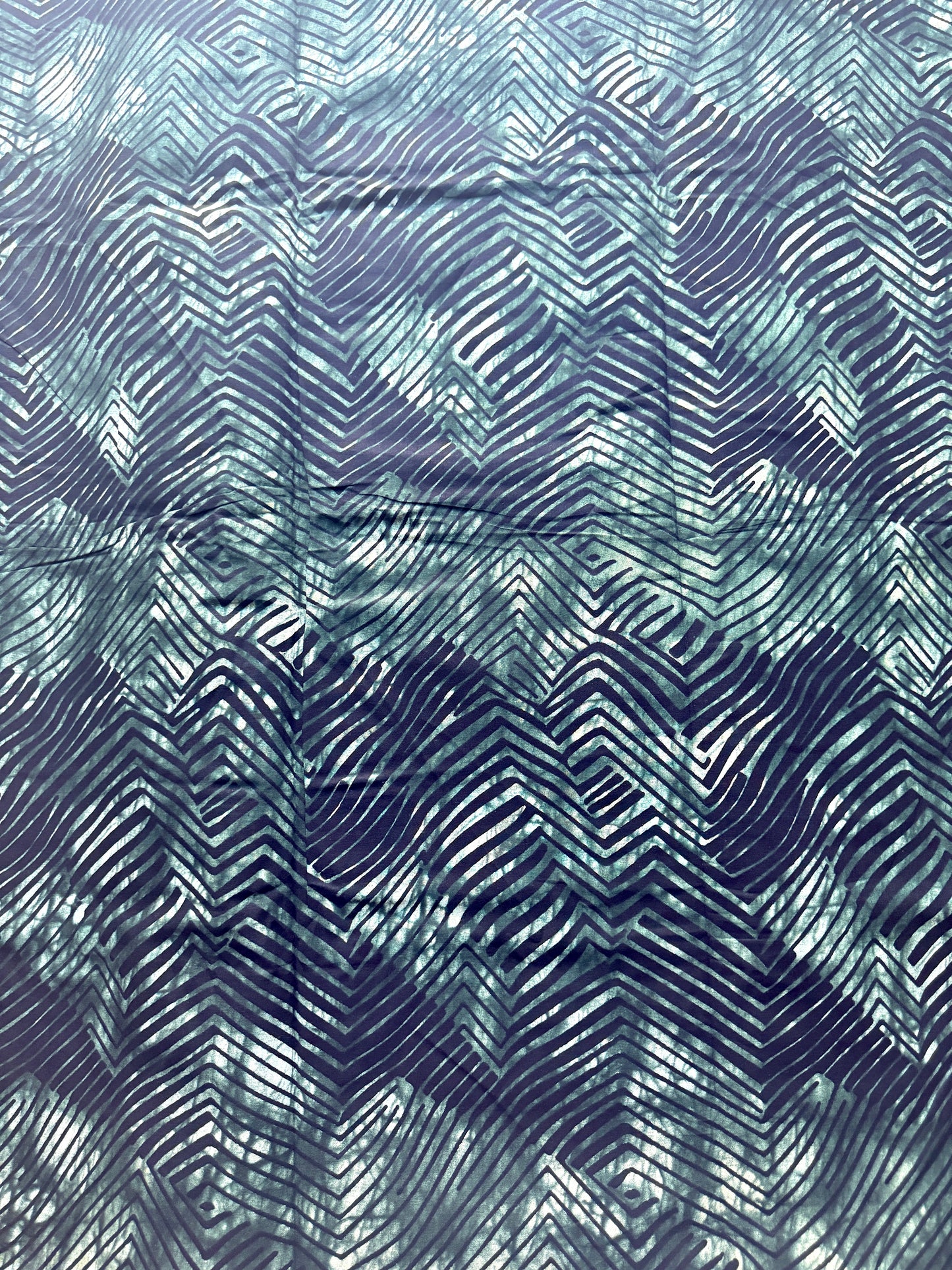 A close-up of a fabric or wallpaper pattern featuring a repeating chevron and zigzag design in shades of navy blue, teal, and white.