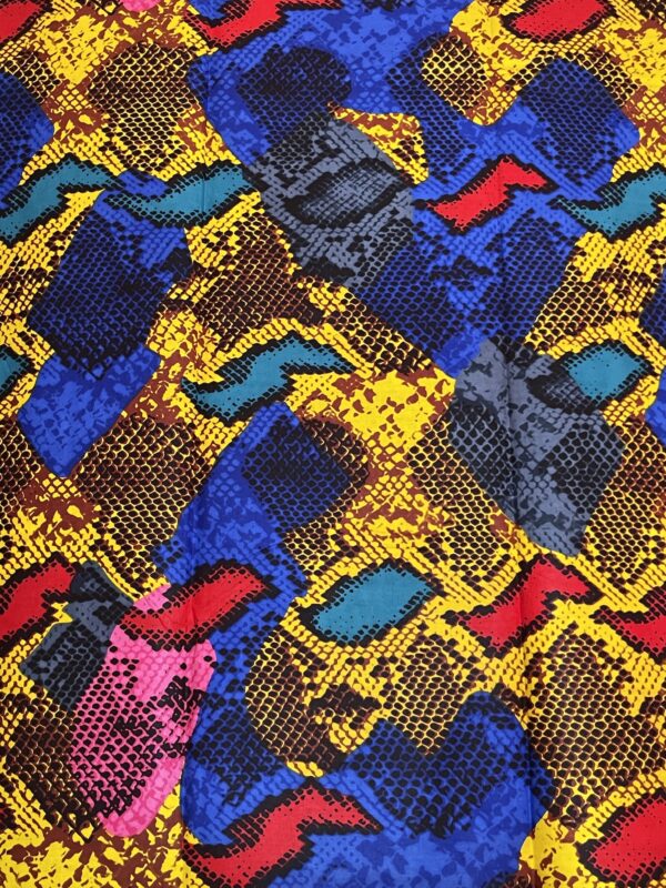 Colorful patterned fabric with abstract shapes and bright colors