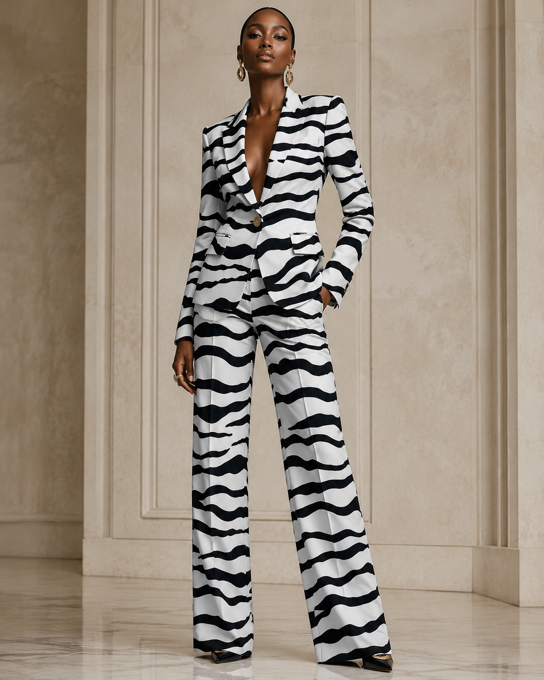 Person wearing a zebra-striped suit in an elegant interior setting