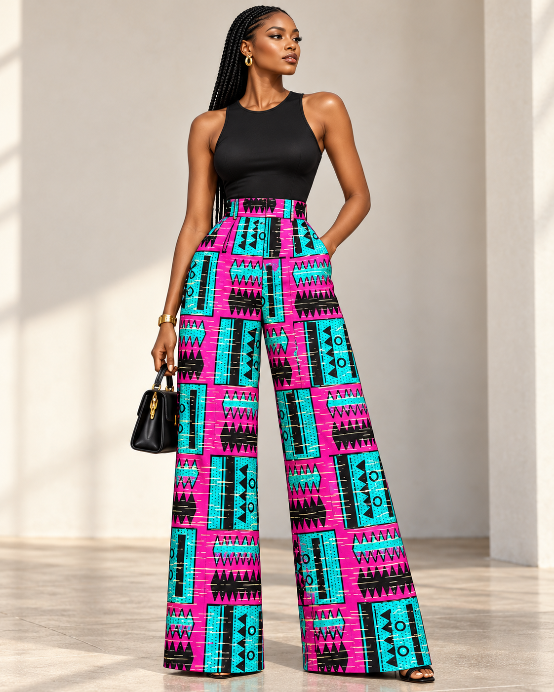 Magenta Turquoise & Black Geometric African Fabric – African Wax Print (6 Yards UK) – MASI2649