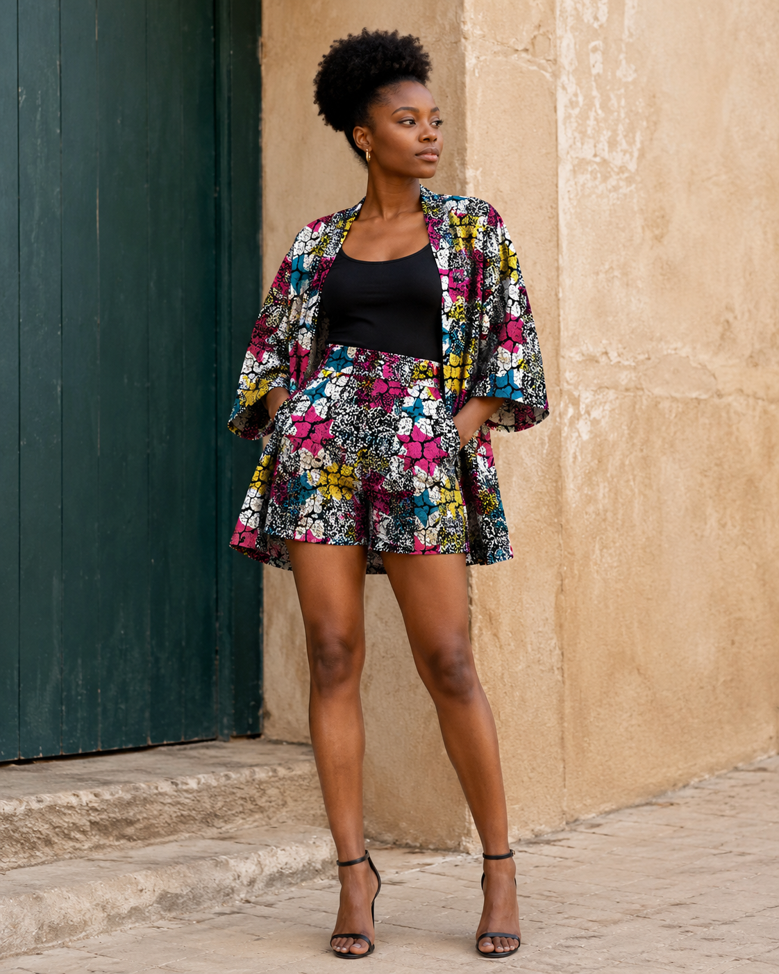 A woman models a matching floral print kimono jacket and flared mini skirt set with a black tank top, standing outdoors against a beige stone wall and dark green door.