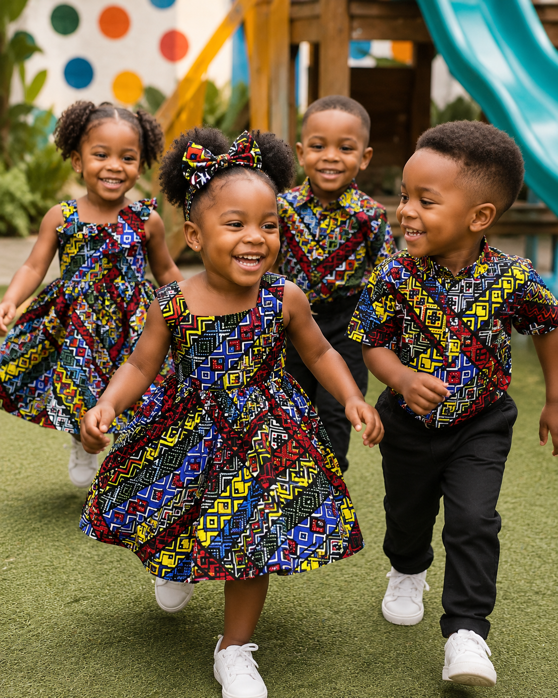 Four children in matching colorful outfits running on a playground.