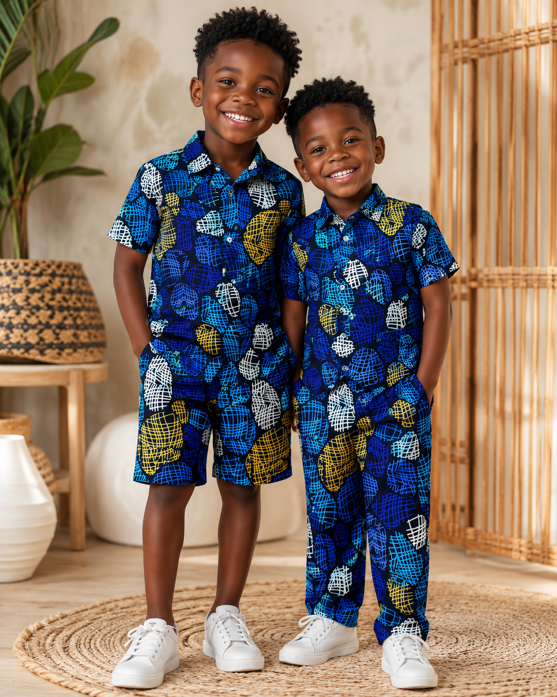 Two children wearing matching blue and yellow outfits standing in a room with a woven wall and plant.