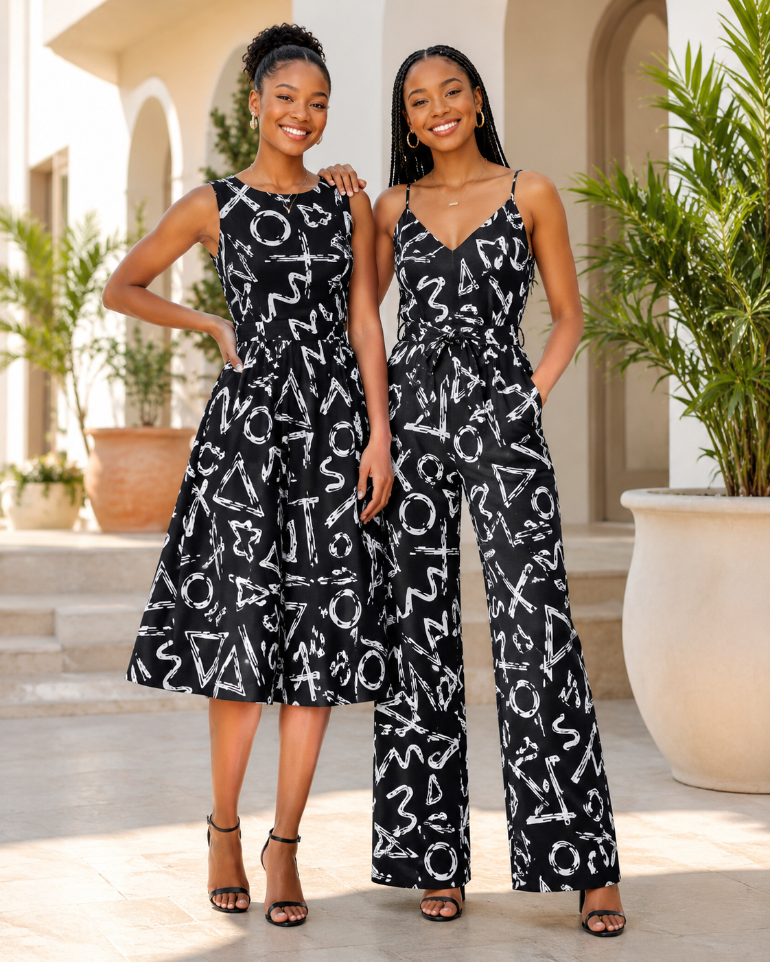 Two women wearing black and white patterned outfits standing outdoors.