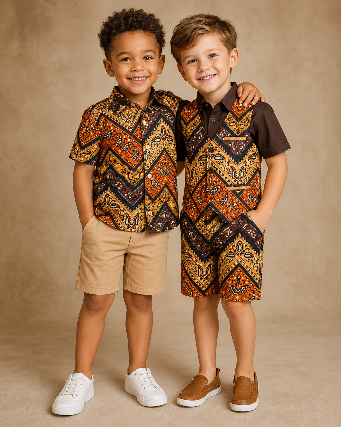 Two children wearing matching patterned outfits on a beige background