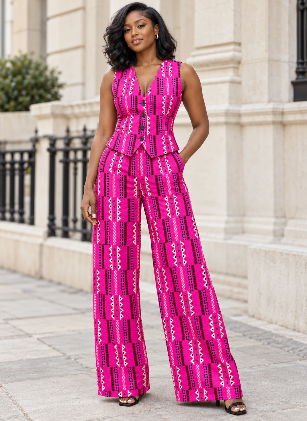 Hot Pink Geometric Stripe African Fabric – African Wax Print (6 Yards UK) – MASI2611