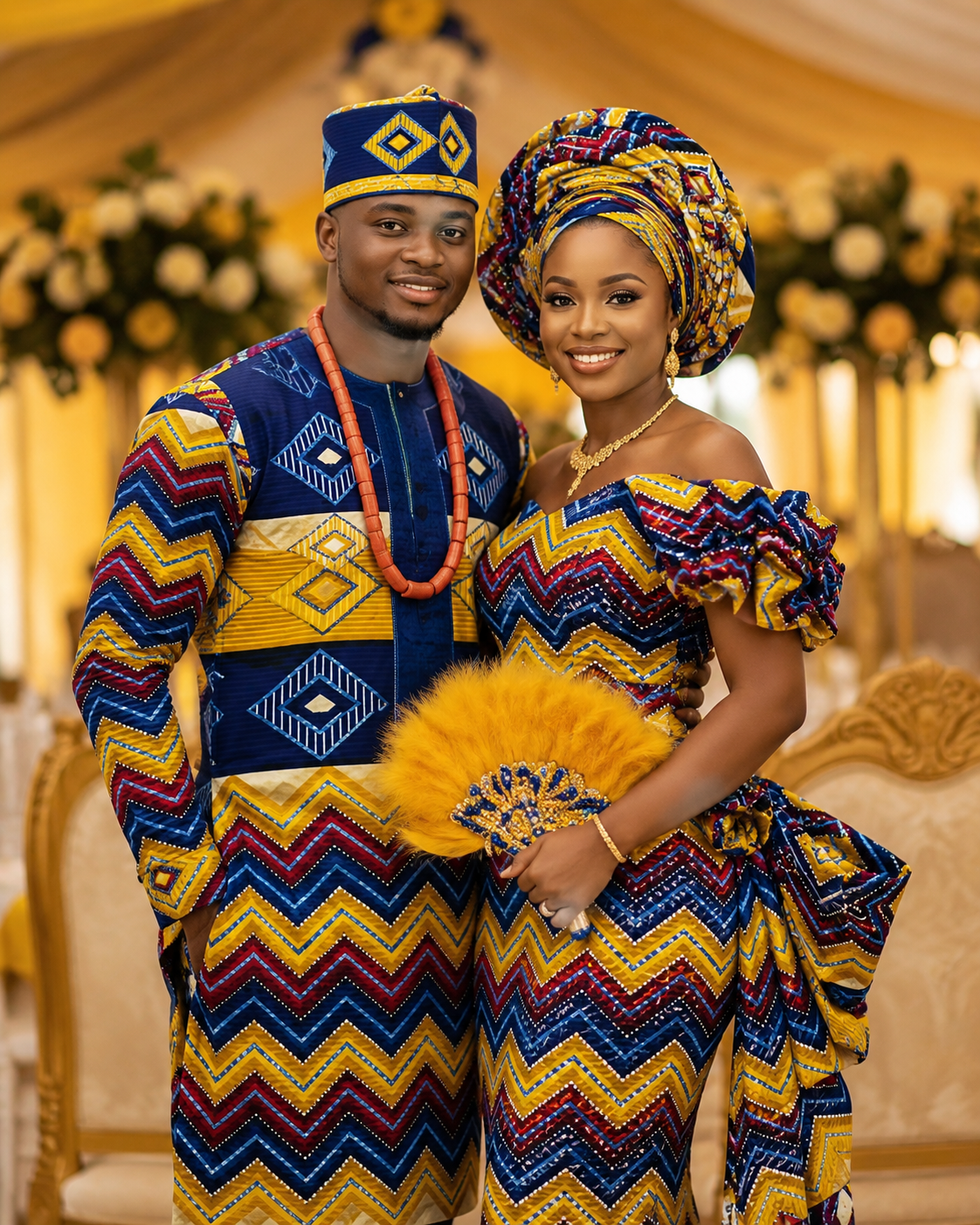 Couple in traditional attire posing together in a decorated indoor setting
