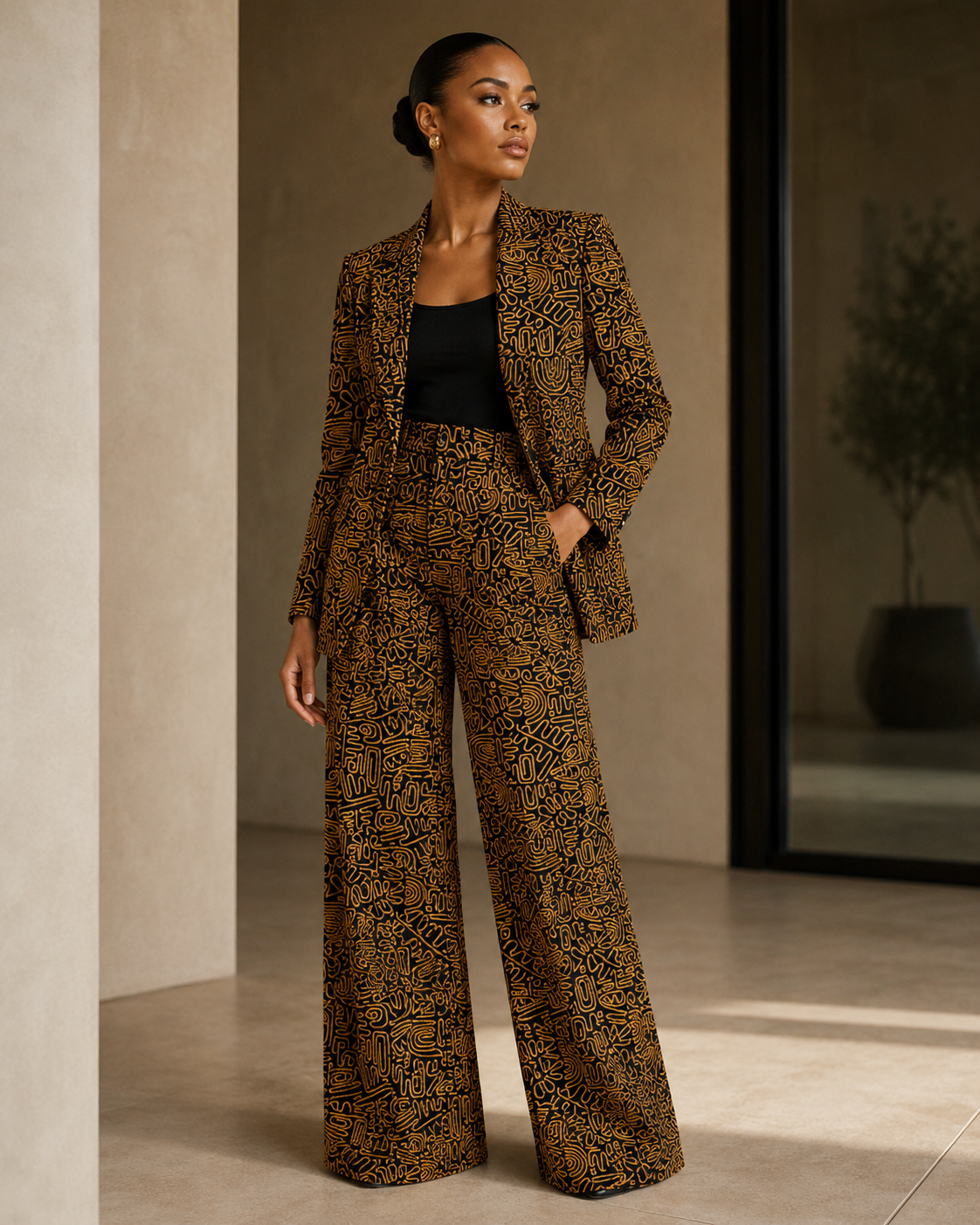 Woman wearing a patterned suit standing in a room with a neutral background
