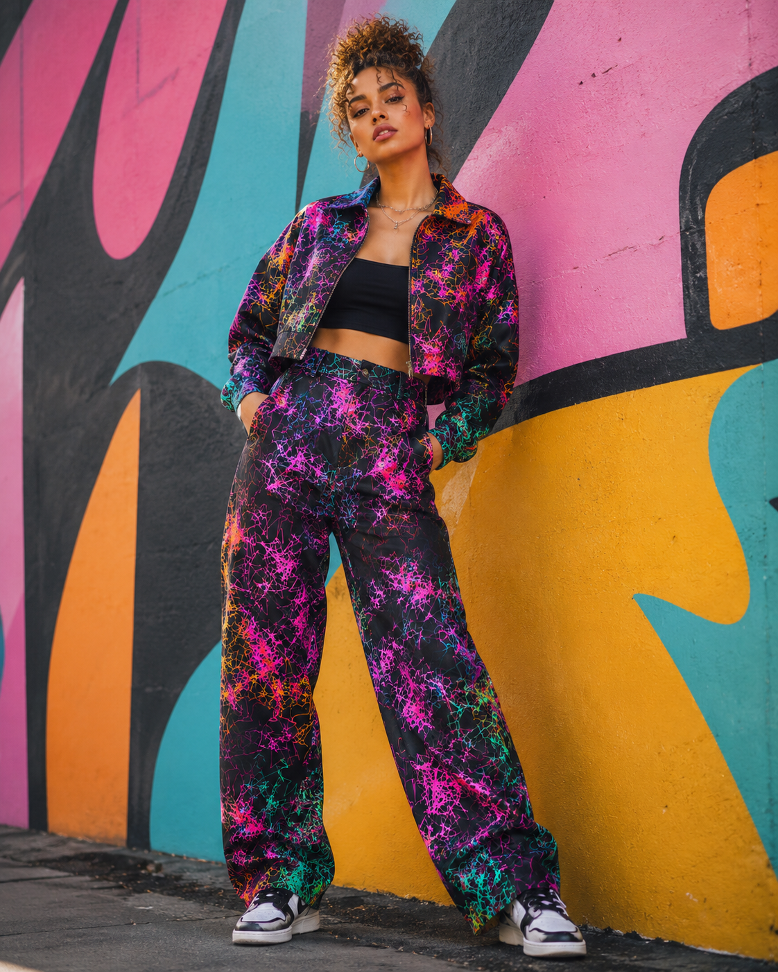 Person wearing a colorful outfit in front of a vibrant graffiti wall.