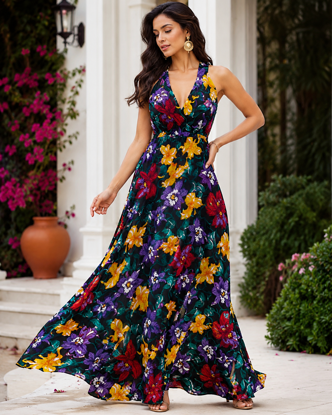 Woman wearing a colorful floral dress standing outdoors with flowers and greenery in the background
