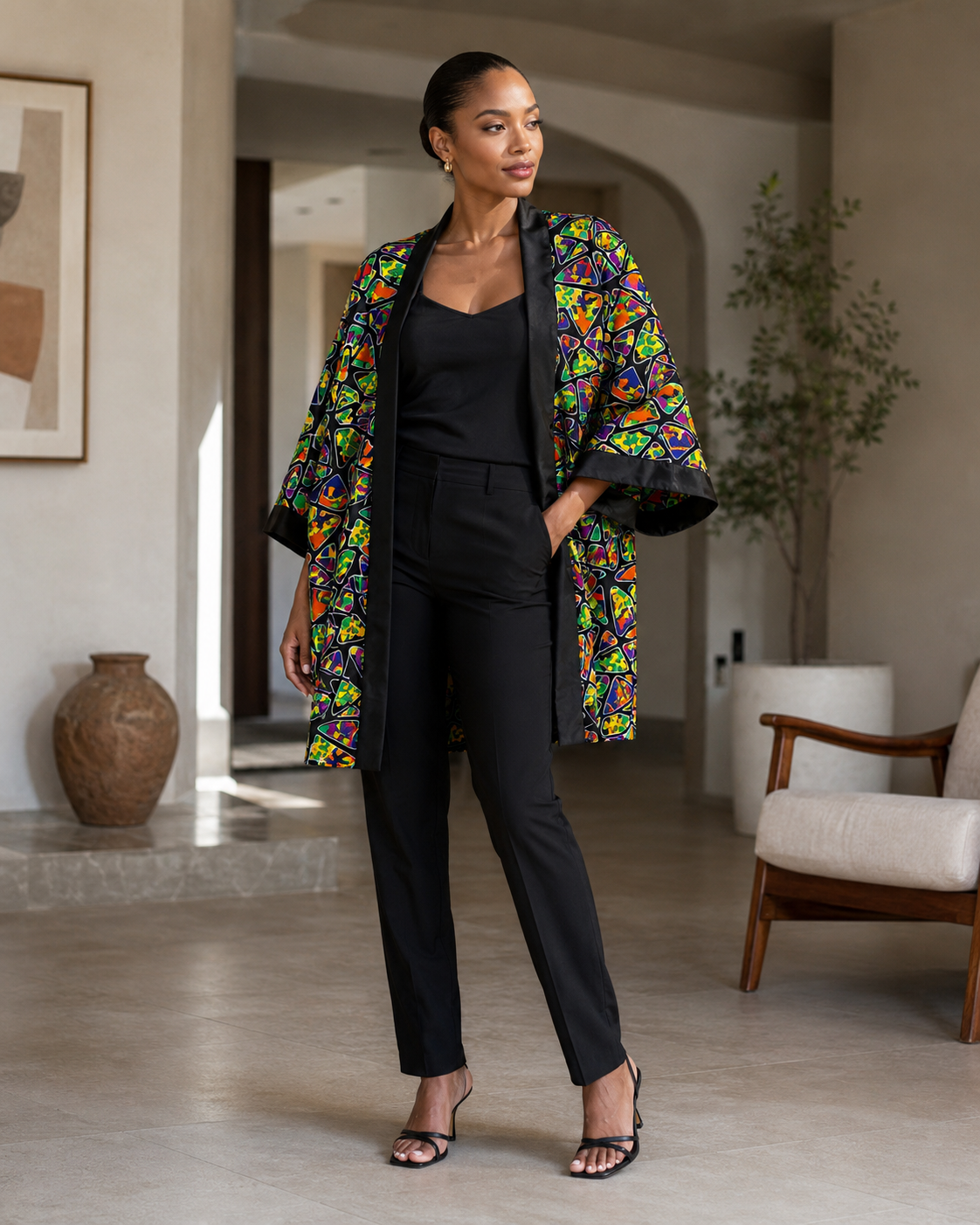 A woman stands in a modern indoor room wearing a black pants and top set with a colorful patterned open-front jacket draped over her shoulders. The jacket features a vibrant multicolor print with green, yellow, orange, and blue tones on a dark base.