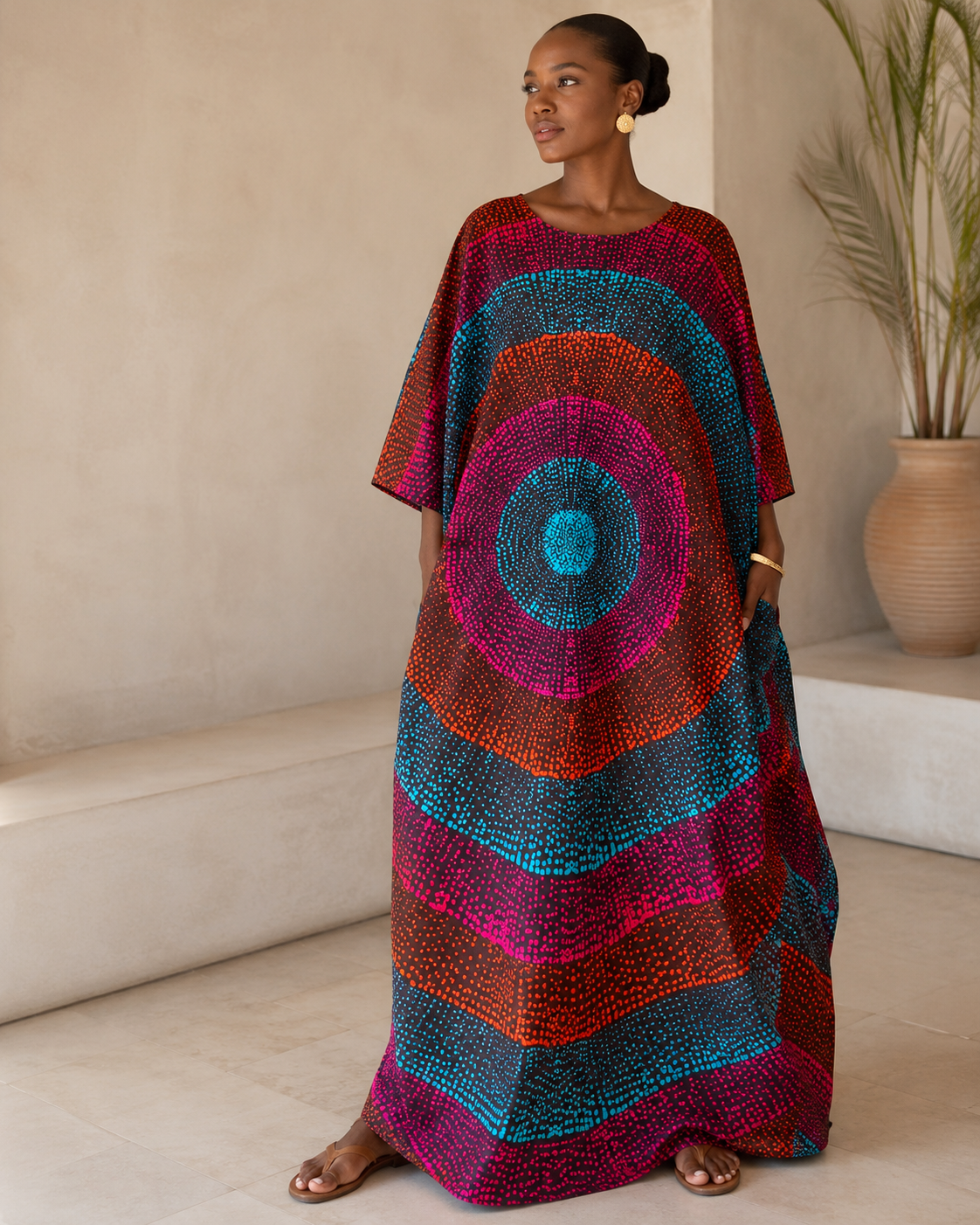 A woman wearing a long, loose kaftan dress with a vibrant circular mandala pattern in magenta, teal, orange, and dark blue, standing in a minimalist beige interior.