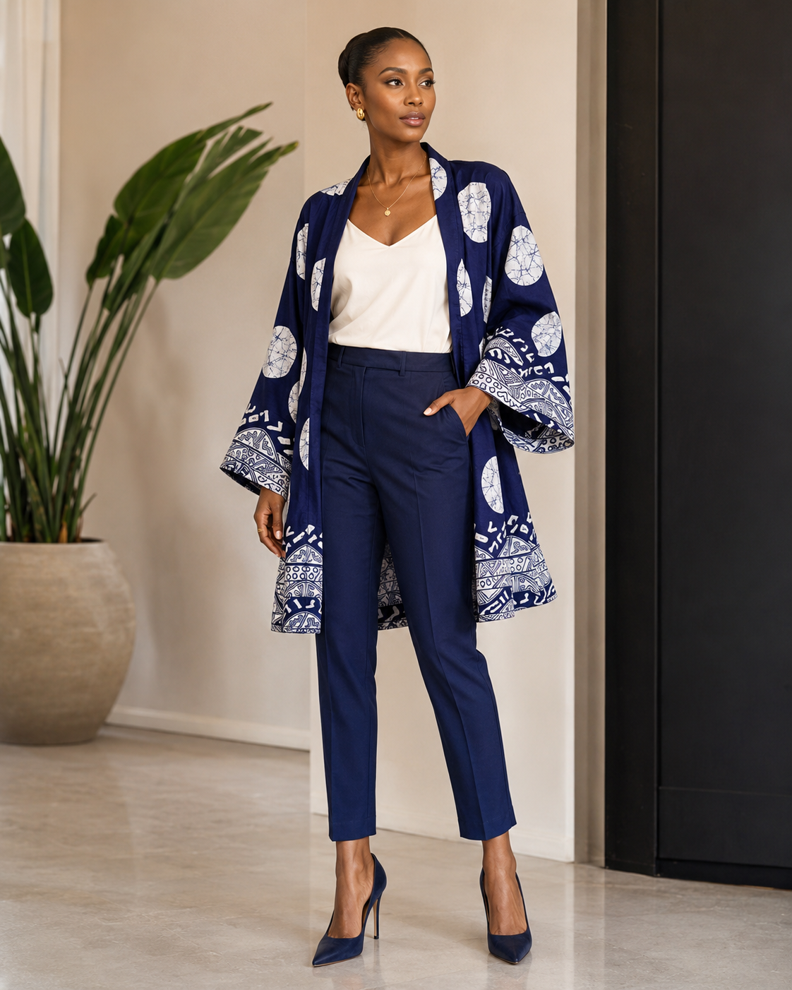 A woman models a navy blue two-piece outfit consisting of a patterned open-front jacket and matching trousers, styled with a white top and navy blue heels in an indoor setting.