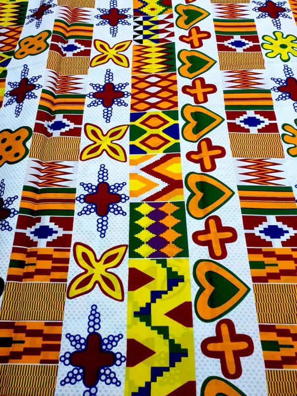 Colorful fabric patterns with geometric and abstract designs on a white background