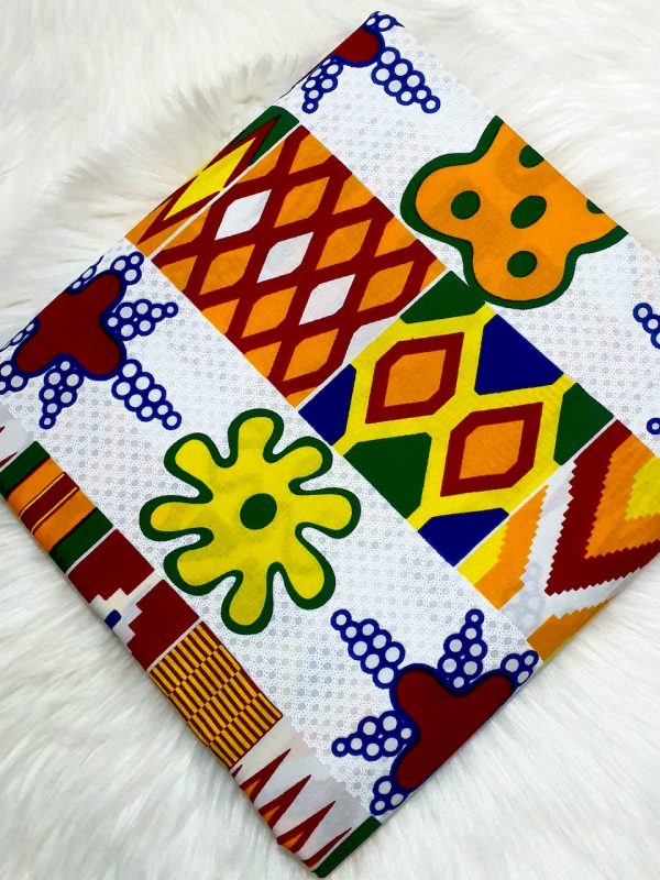 Colorful fabric with geometric patterns on a white background