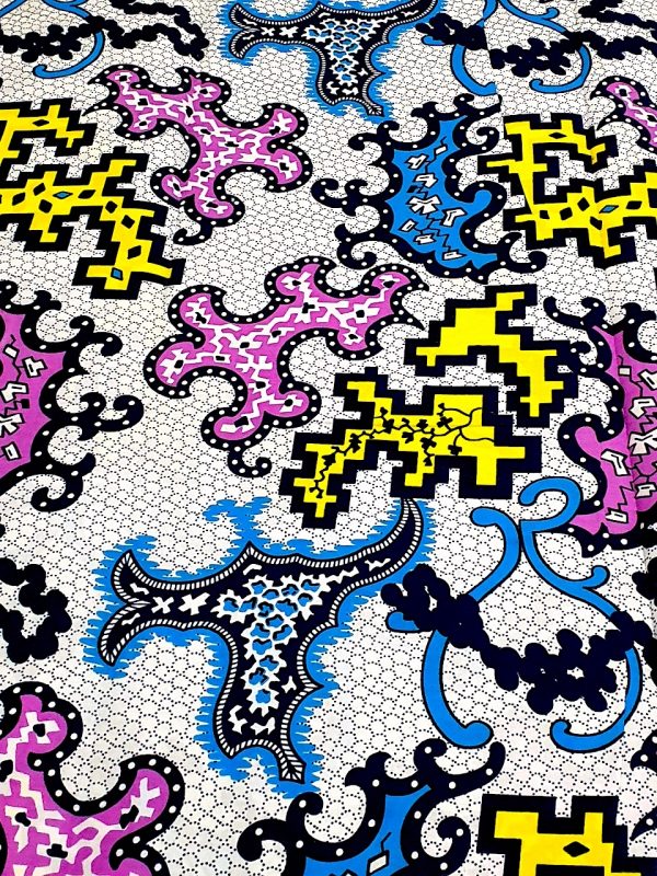 Colorful geometric pattern with black, blue, yellow, and pink shapes on a white background