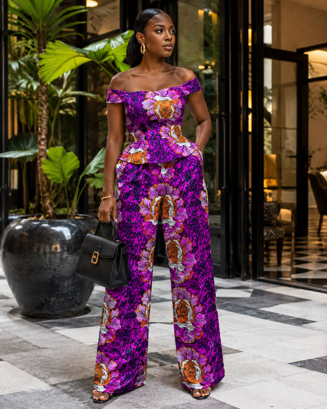 Purple Pink & Brown Floral African Fabric – African Wax Print (6 Yards UK) – MASI2540
