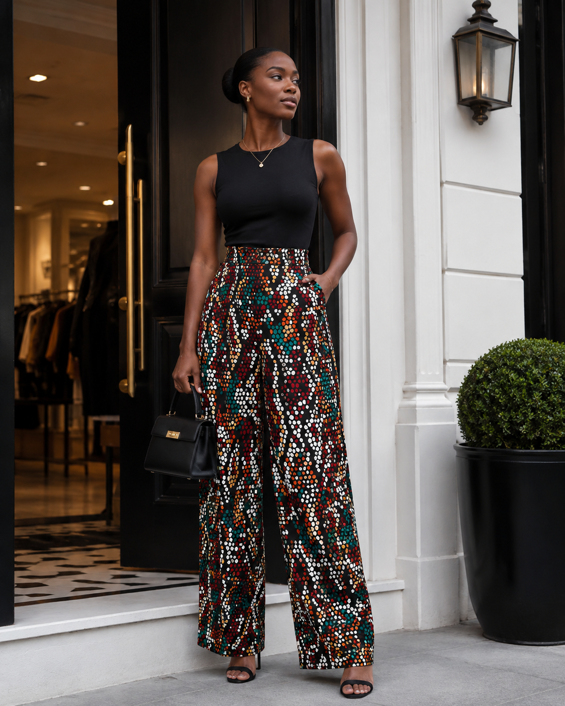 A woman stands outside a storefront wearing a sleeveless black top and high-waisted wide-leg trousers with a dense multicolor geometric print in red, green, blue, yellow, and white. She is holding a small black handbag.