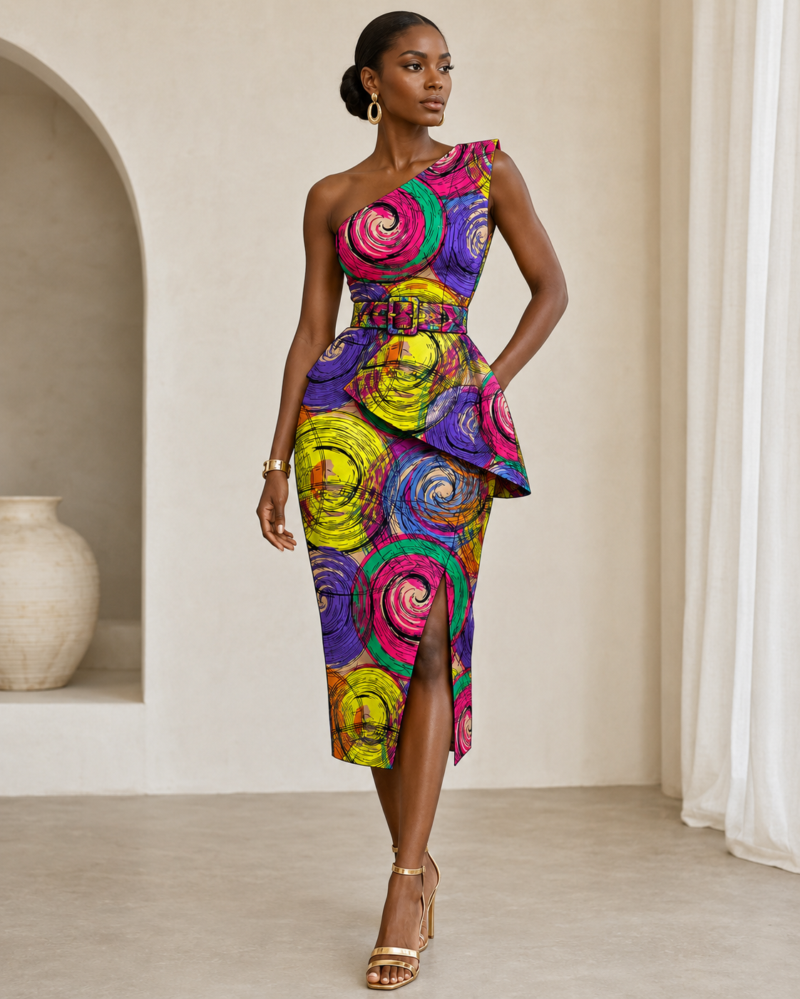 Woman wearing a colorful one-shoulder dress in a room with a vase and curtain.