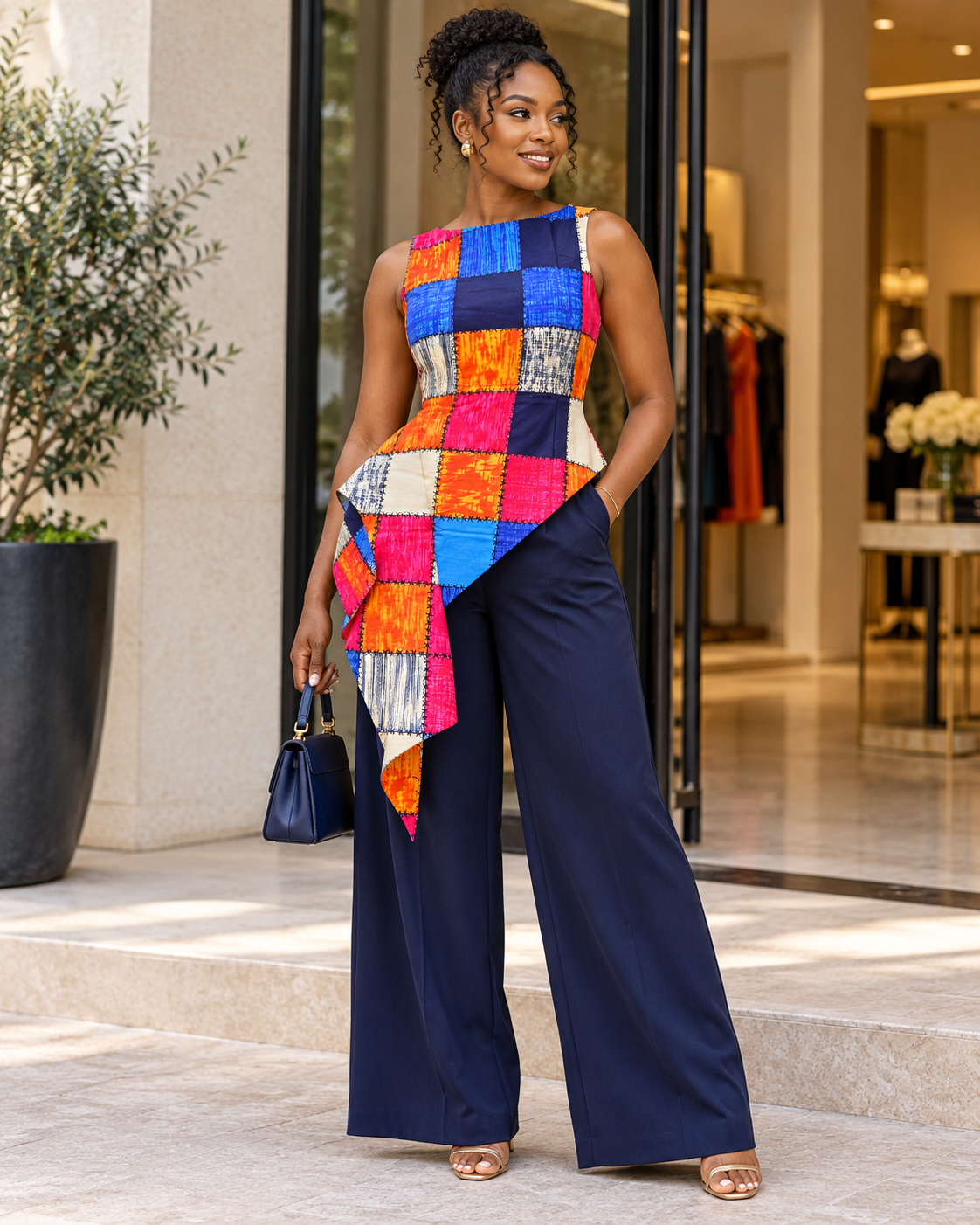 A woman models a sleeveless jumpsuit featuring a vibrant multicolor patchwork quilted bodice and navy blue wide-leg pants, standing in front of a modern storefront.