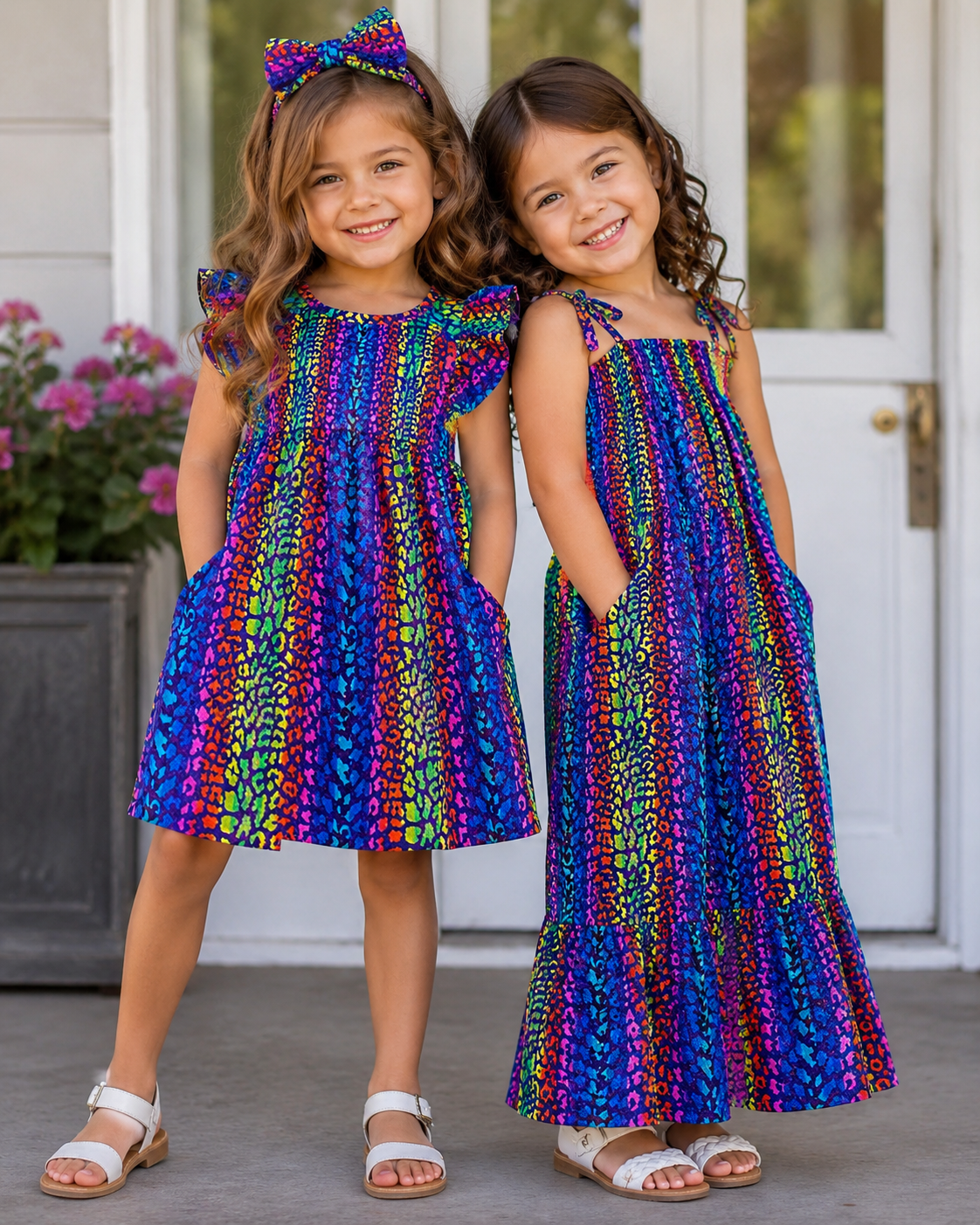 Two young girls wearing colorful dresses standing outdoors.