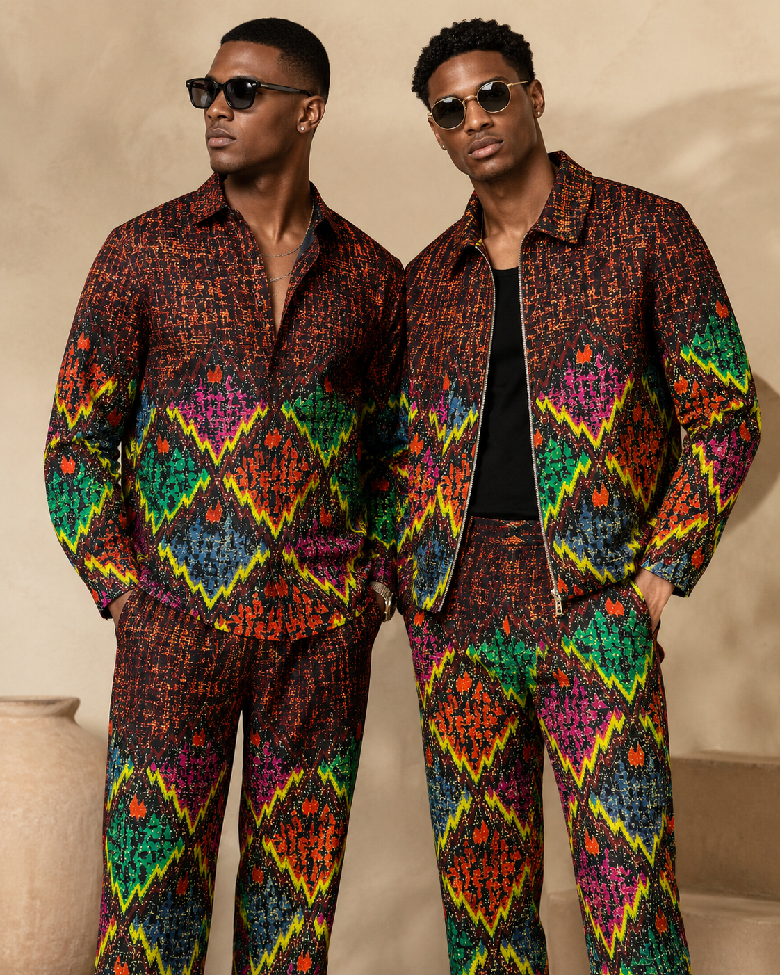 Two men wearing colorful patterned suits against a neutral background