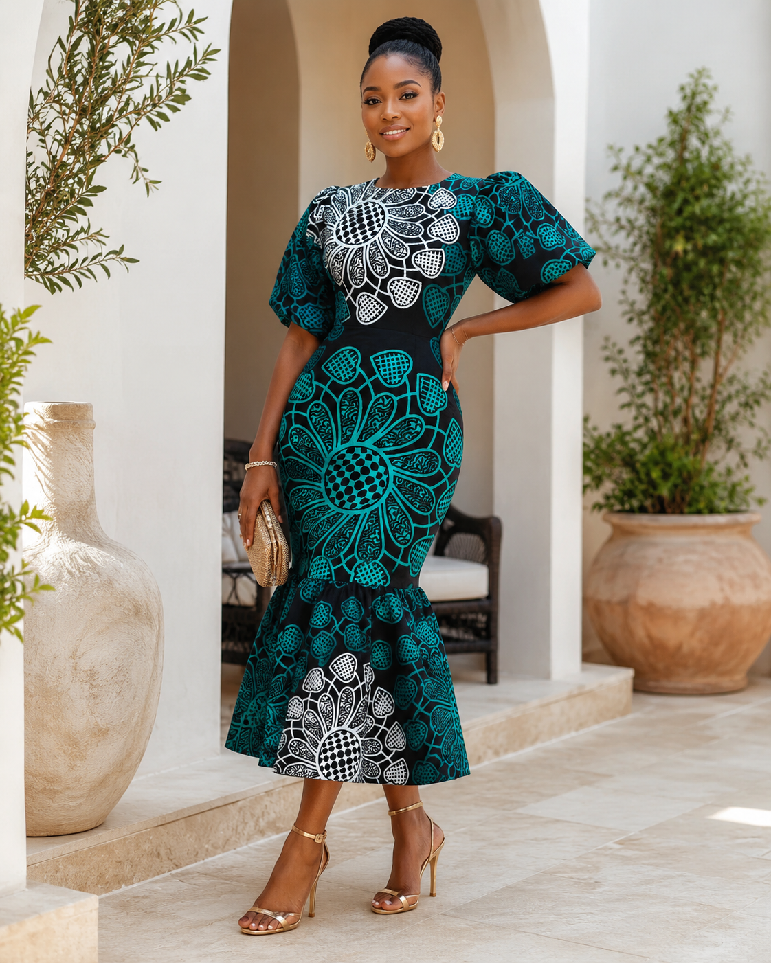 Woman in a teal and black patterned dress standing in an outdoor setting with plants and a white archway.