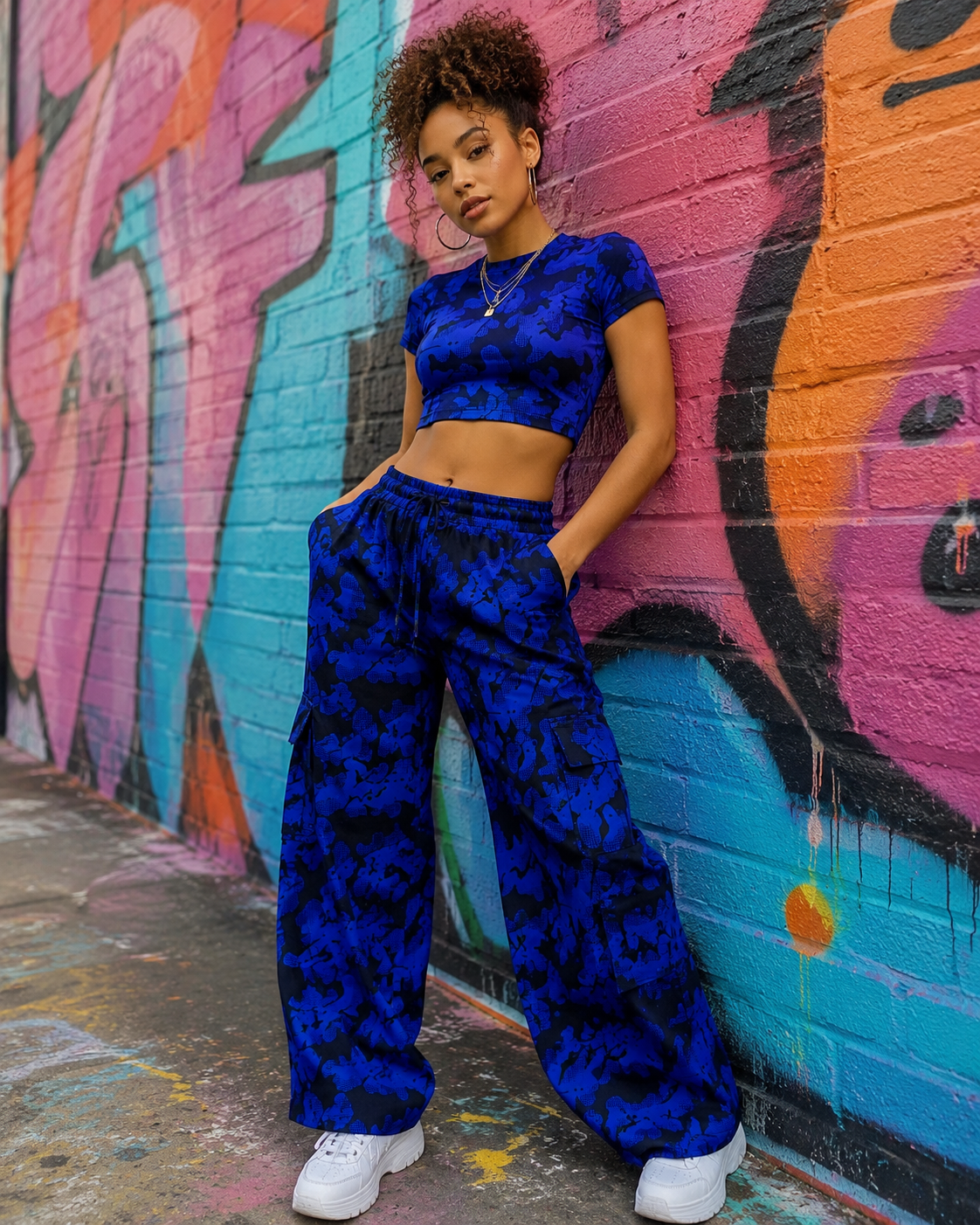 Person wearing a blue outfit in front of a colorful graffiti wall