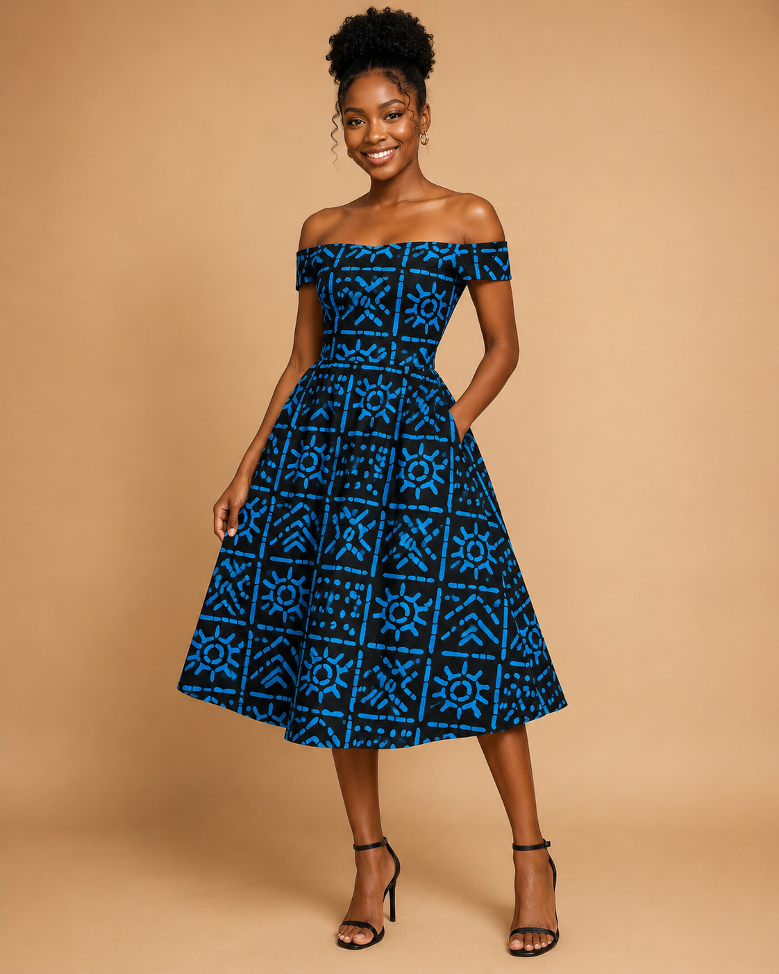 Woman wearing a blue patterned off-shoulder dress on a beige background