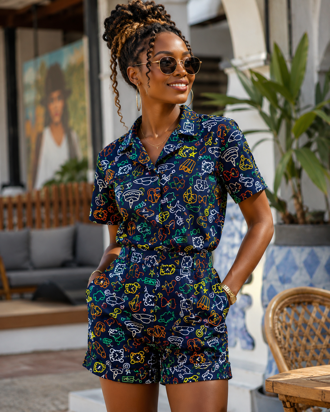 Woman wearing a colorful patterned romper in an outdoor setting