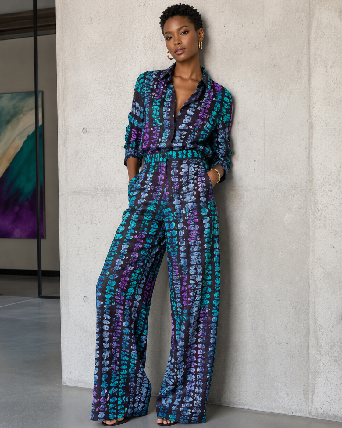 Woman wearing a patterned jumpsuit standing against a concrete wall.
