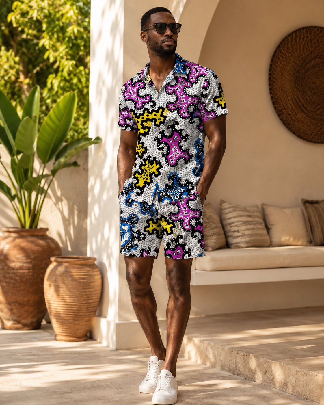 Man wearing a colorful patterned outfit standing outdoors with plants and a couch in the background.