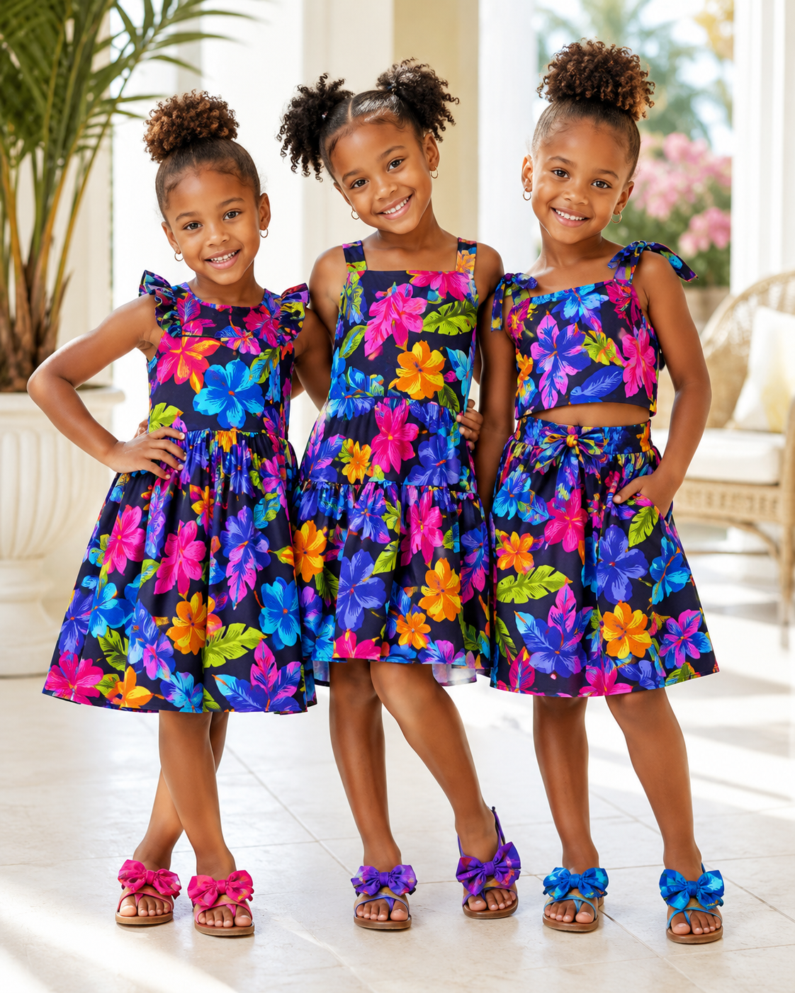Three young girls wearing colorful floral dresses standing together indoors.