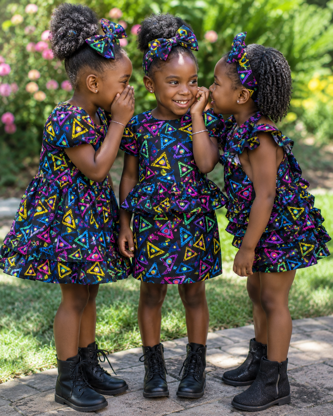 Three young girls in matching colorful dresses standing together outdoors.