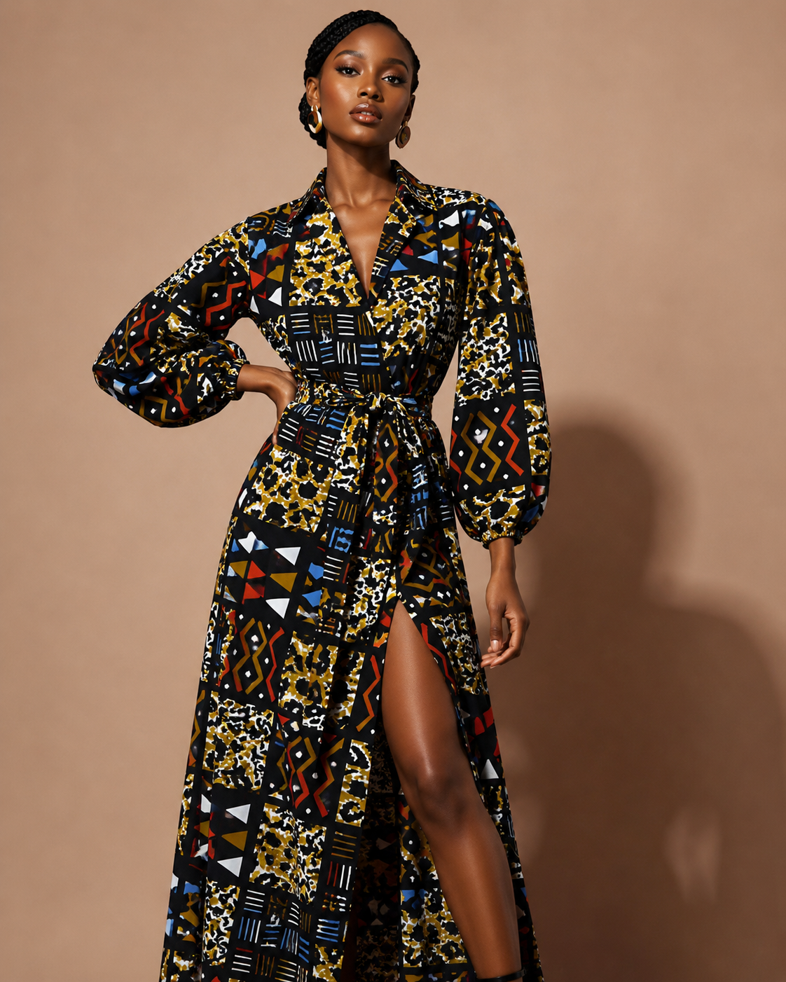 Model wearing a colorful patterned dress against a brown background