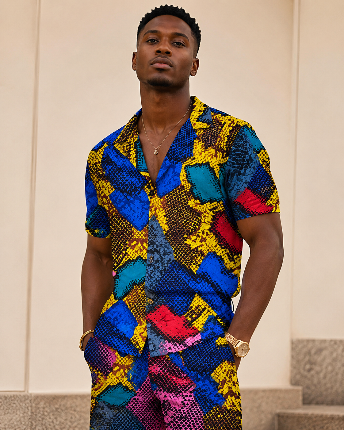 Man wearing a colorful patterned outfit against a neutral background