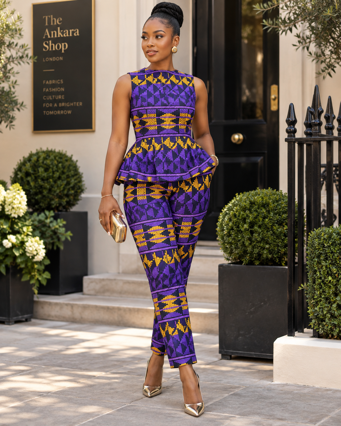 Purple Navy & Mustard Kente-Inspired African Fabric – African Wax Print (6 Yards UK) – MASI2583