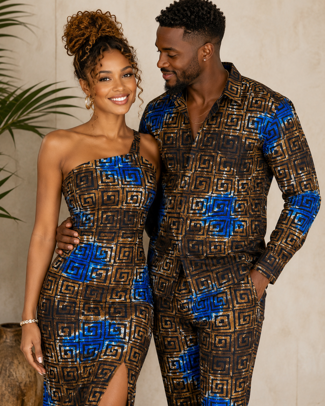 Couple wearing matching patterned outfits with blue and brown design.