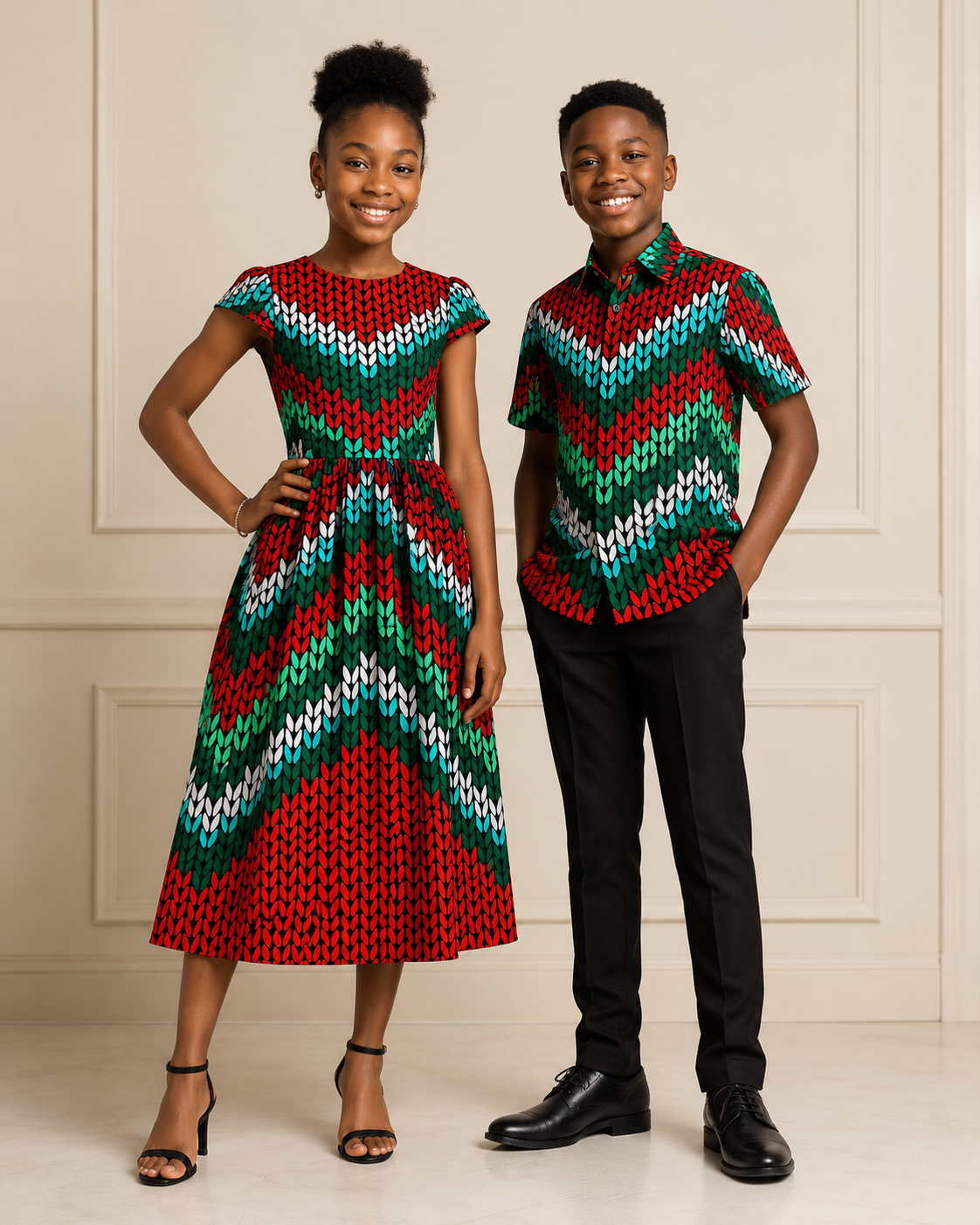 Two children wearing colorful patterned outfits standing against a plain background