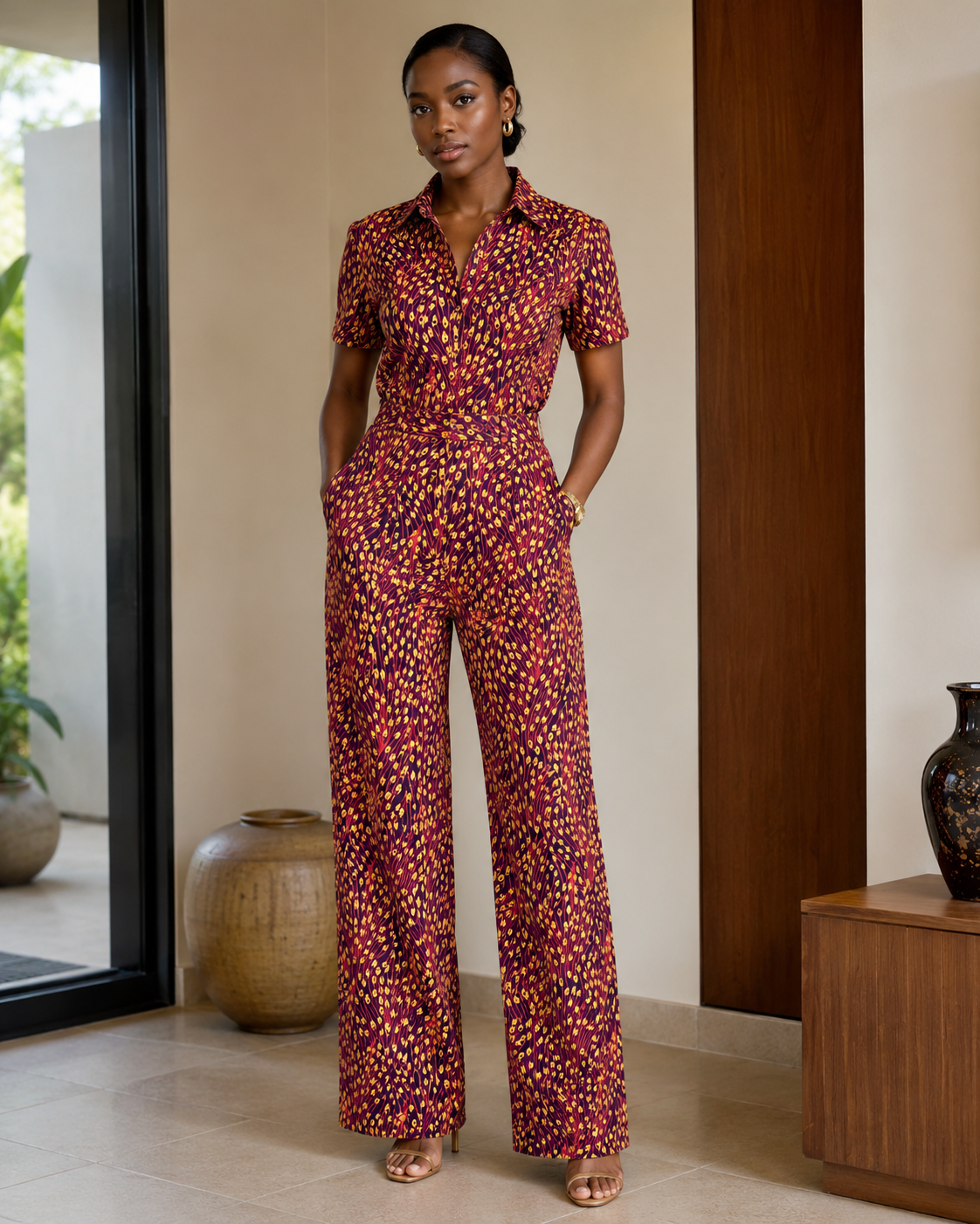 A woman stands indoors wearing a short-sleeve collared jumpsuit with an allover dense floral print in red, orange, yellow, and dark tones. The room has beige walls, a large window, and wooden furniture.