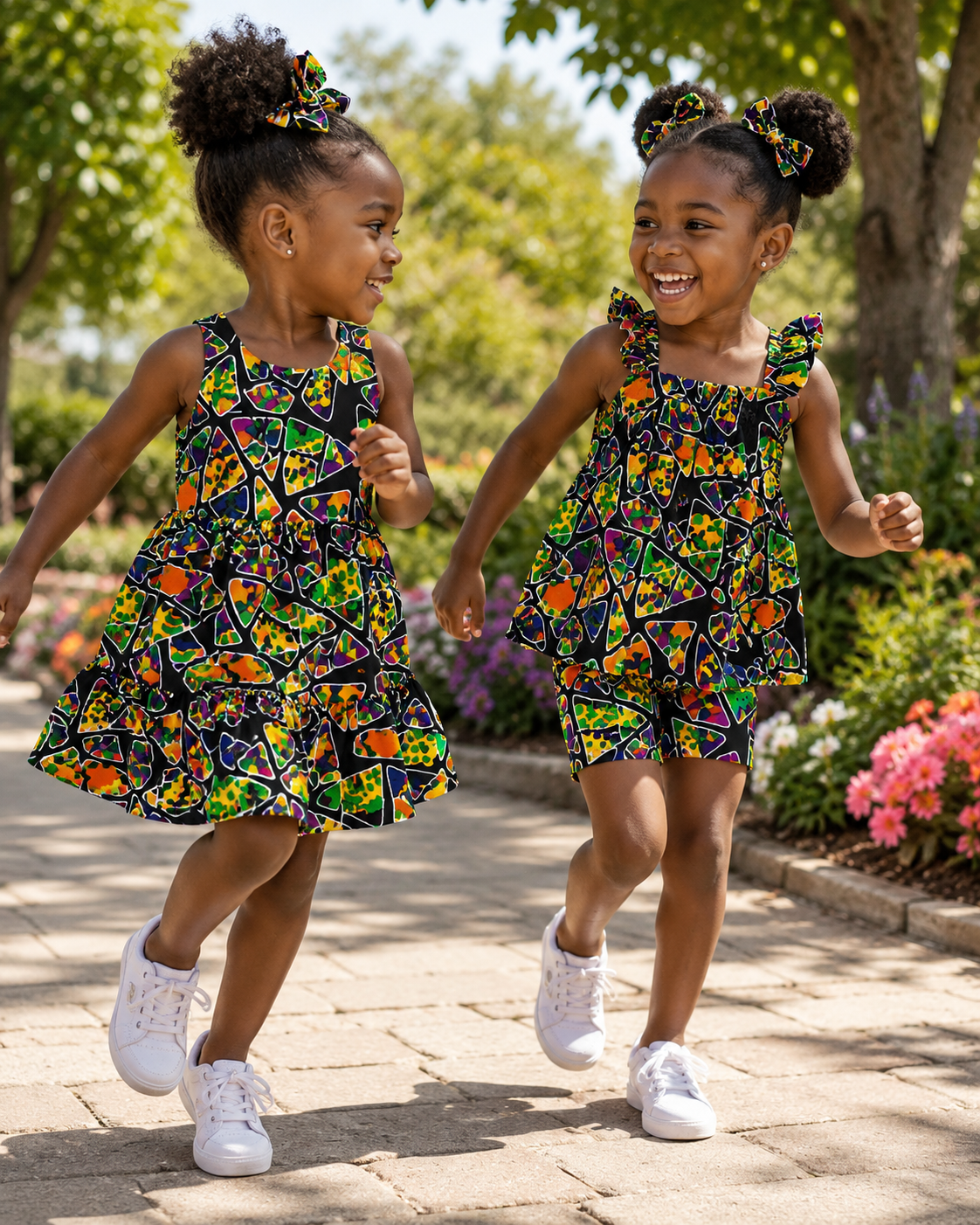 Two young girls in colorful outfits running outdoors.