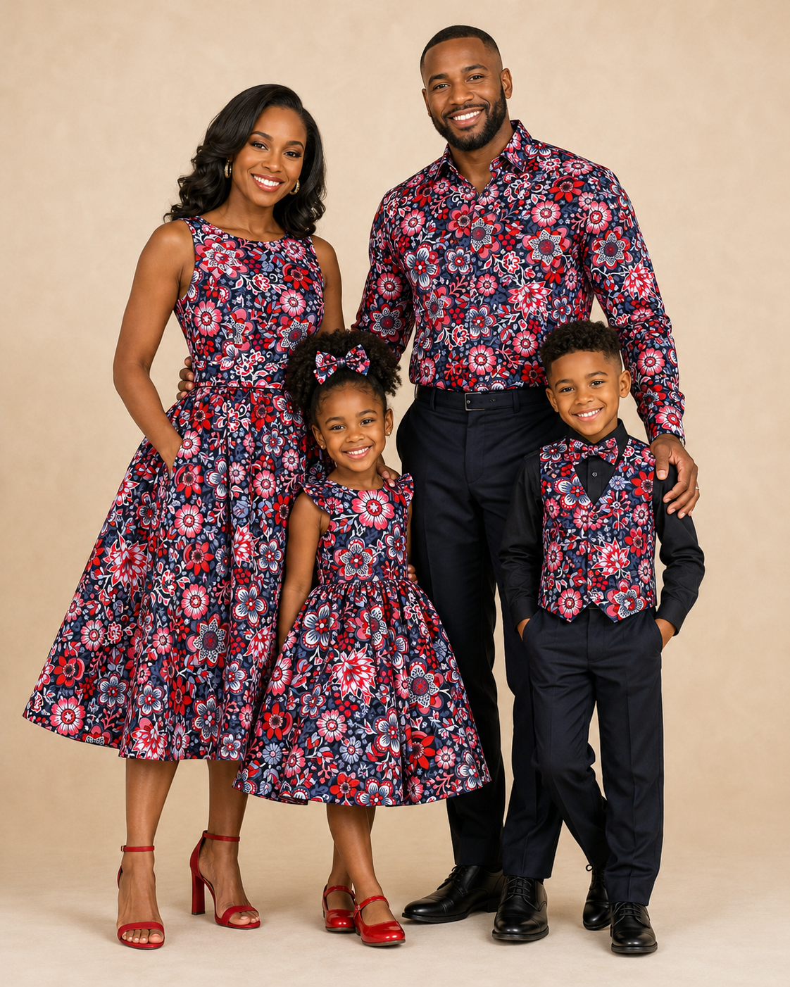Family of four wearing matching floral outfits on a beige background