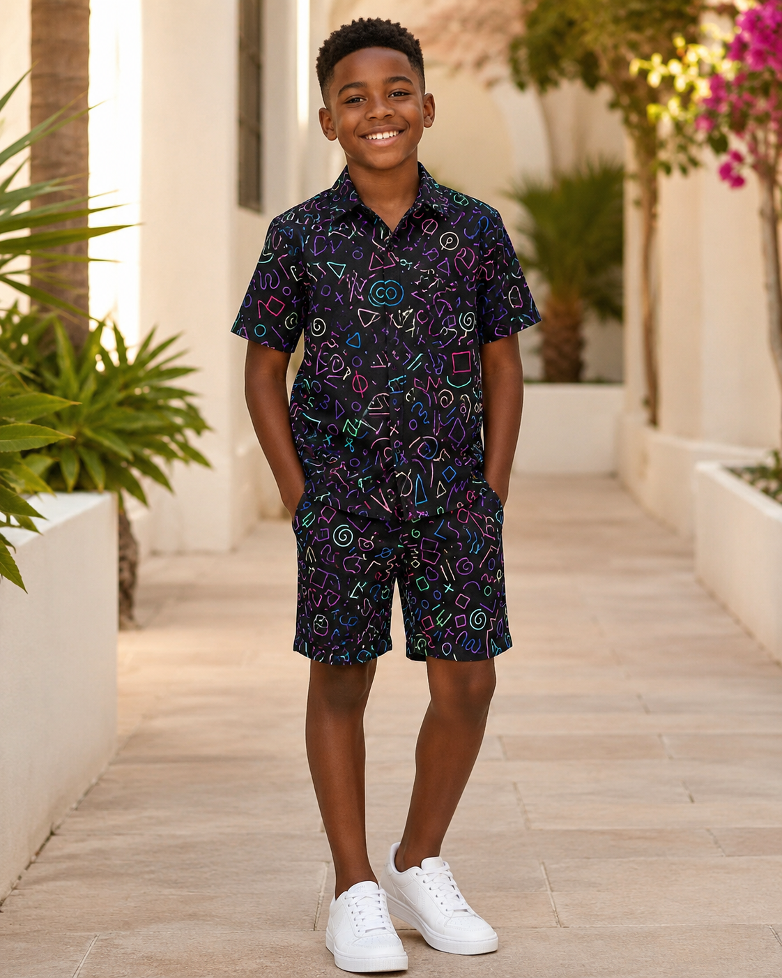 Child wearing a patterned outfit standing outdoors with plants and a building in the background