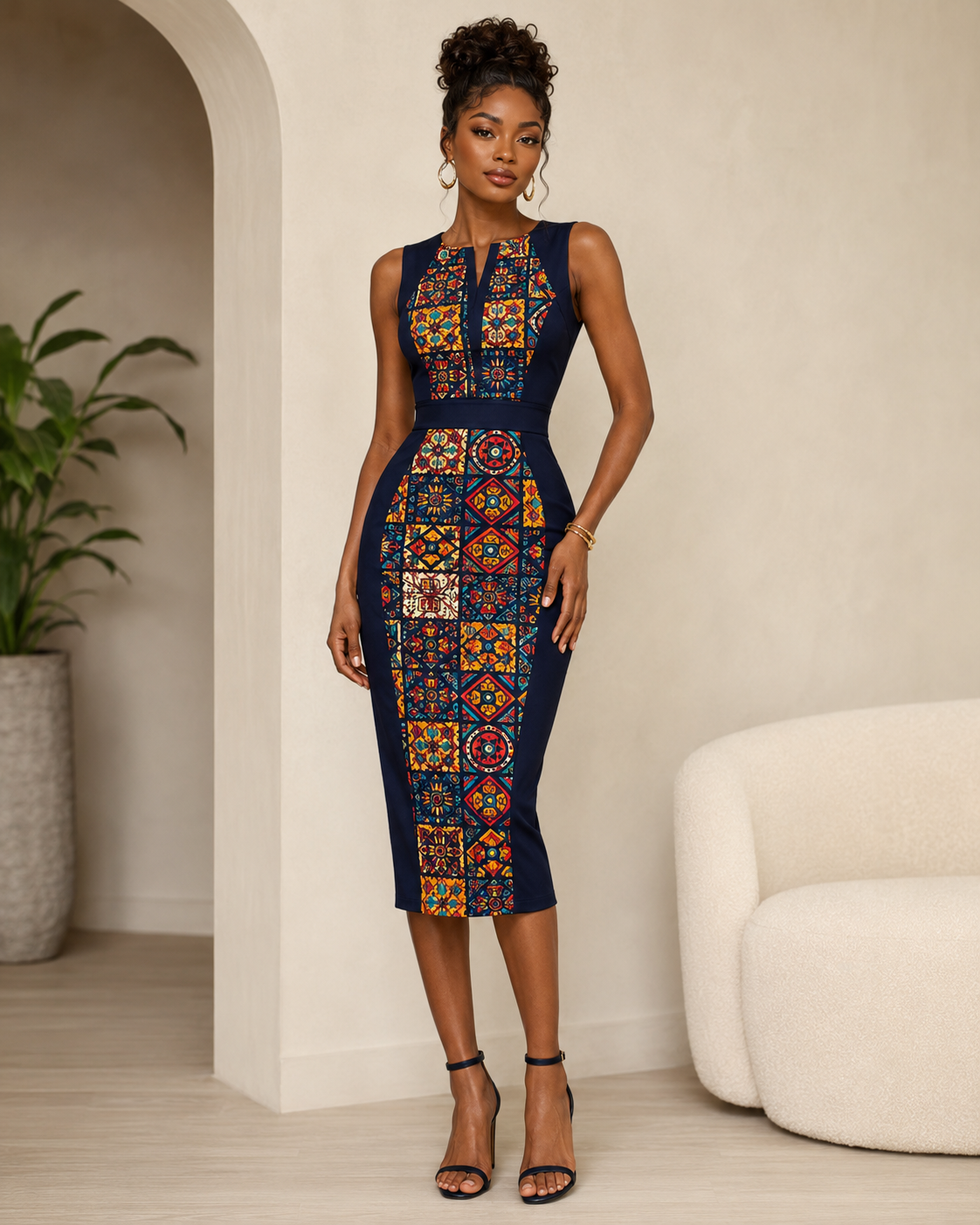 Woman wearing a patterned dress standing in a room with a plant and chair.
