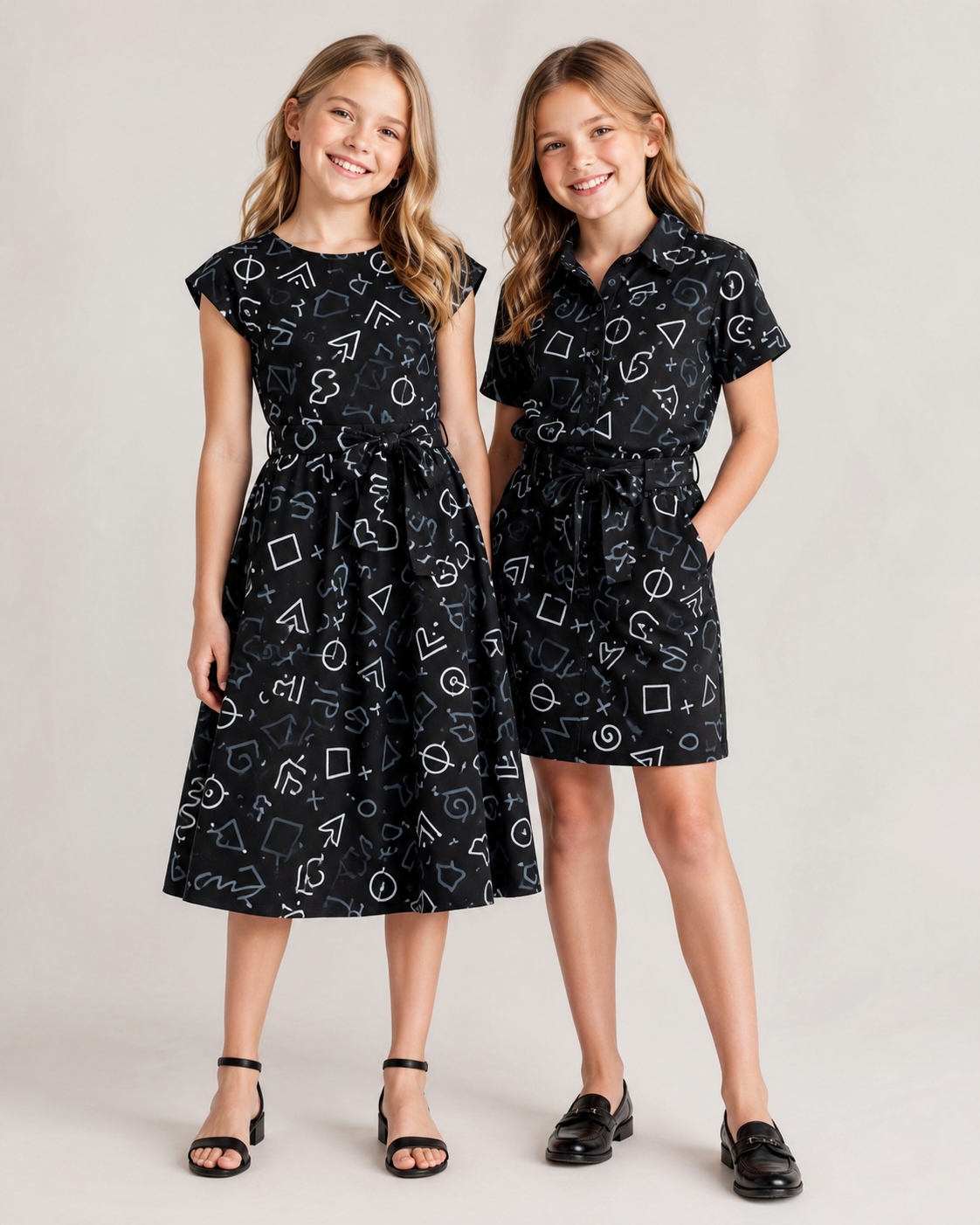 Two young girls wearing black dresses with white geometric patterns on a plain background