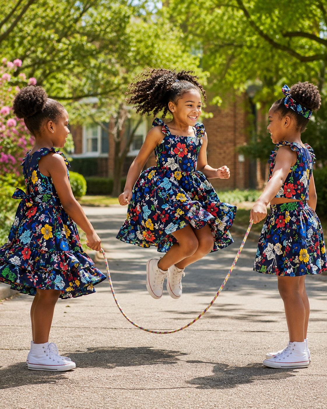 Three young girls in matching floral dresses playing with a jump rope on a sunny street.