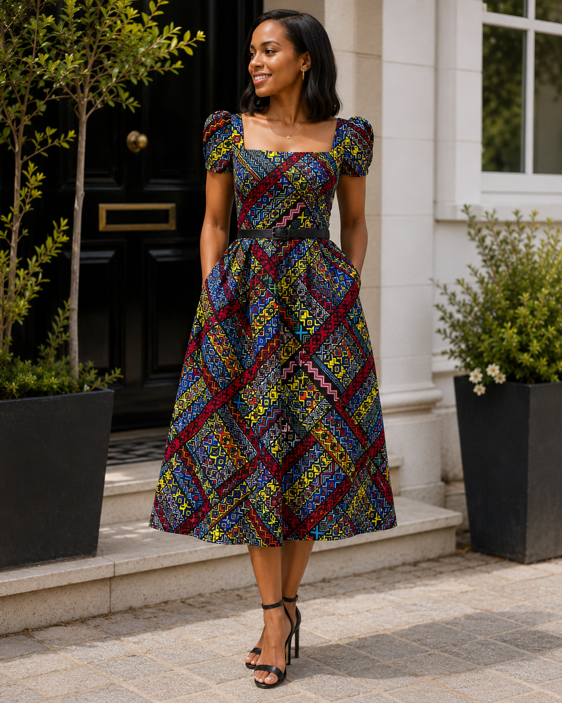 A woman wearing a vibrant, multicolored patterned midi dress with puff sleeves and a square neckline, standing on stone steps in front of a white building with black planters.