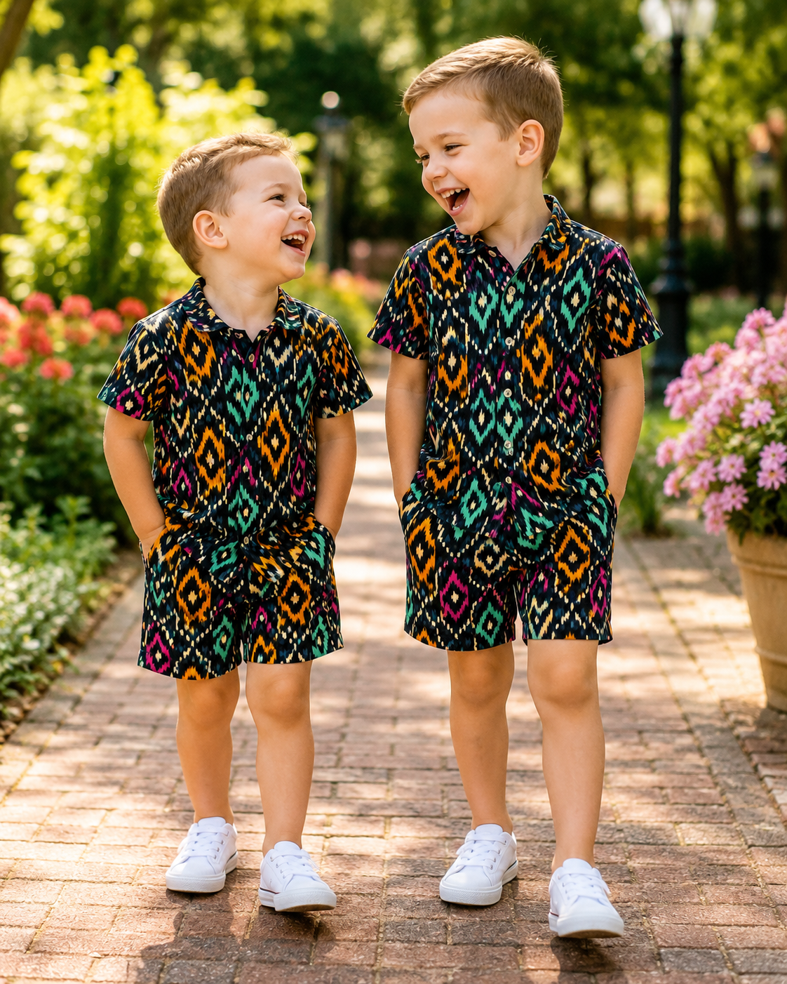 Two children wearing colorful patterned outfits standing on a brick path with greenery and flowers in the background.